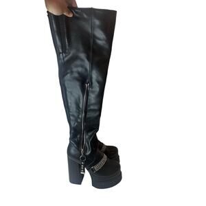 Lamoda Thigh High Black Goth Grunge Moto Chain Boots Women’s UK Sz 6 EU Sz 8